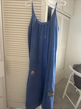 Blue Midi Slip Dress with Embroidered Patches
